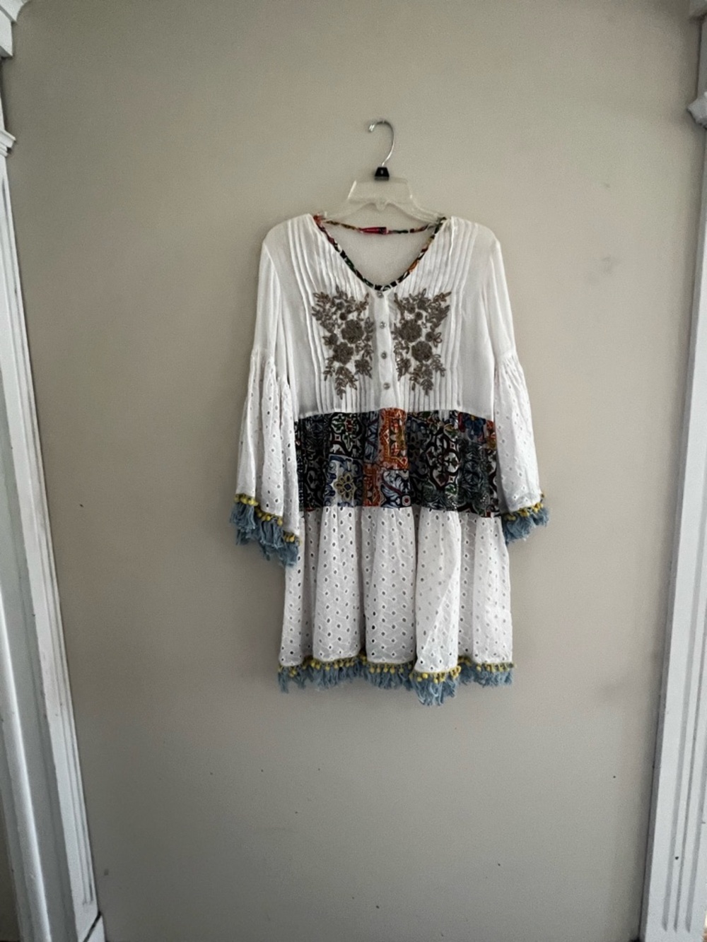 NEW LARGE White Eyelet Boho Dress Multicolor Patchwork fringe tassel’s festival